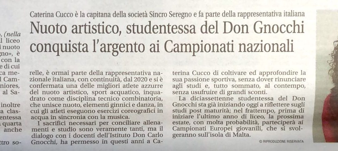 Liceo Scientifico/ studentessa del IV anno conquista l’argento ai Campionati nazionali di nuoto artistico